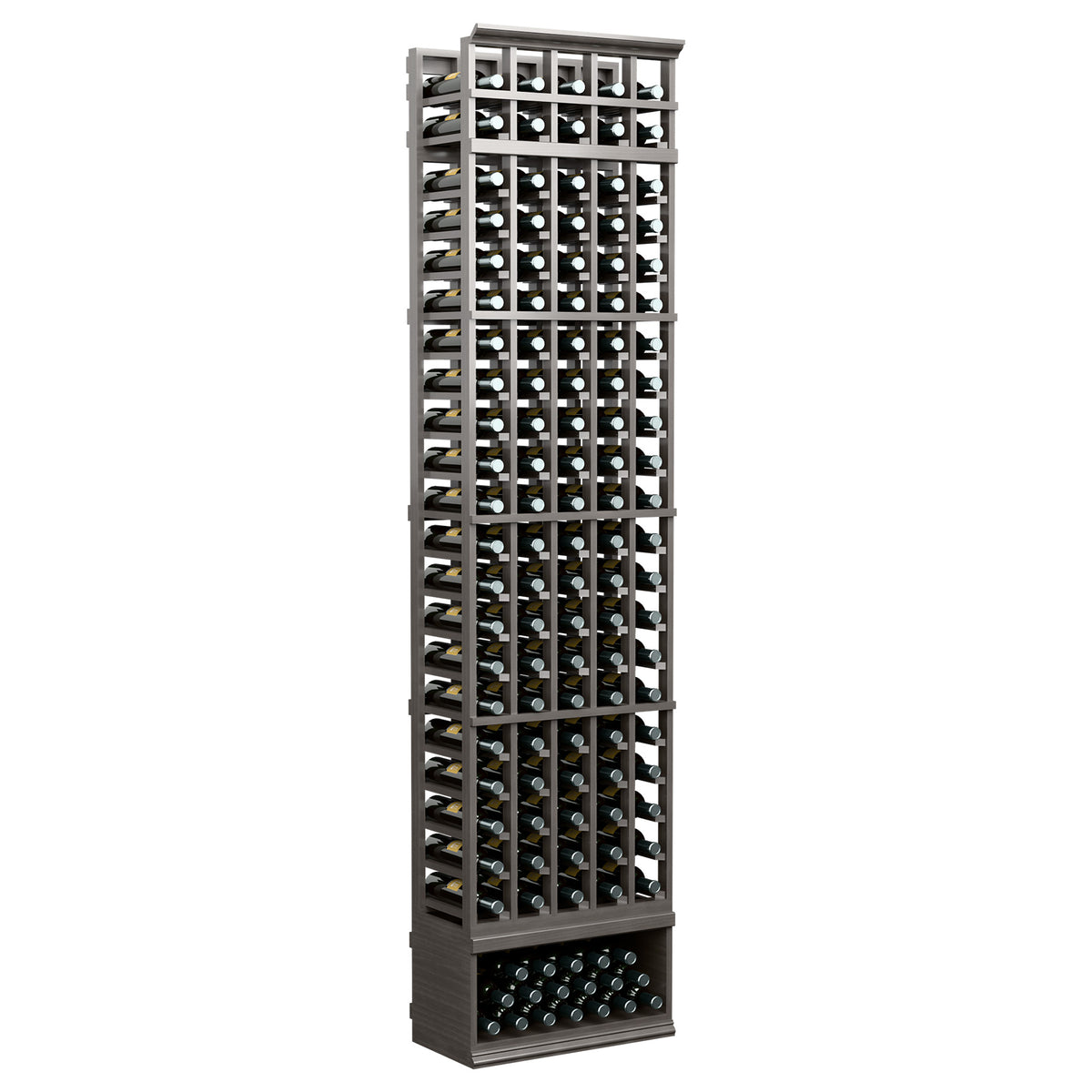 Wine bottle rack with black finish, five column grid holding wine bottles, front view
