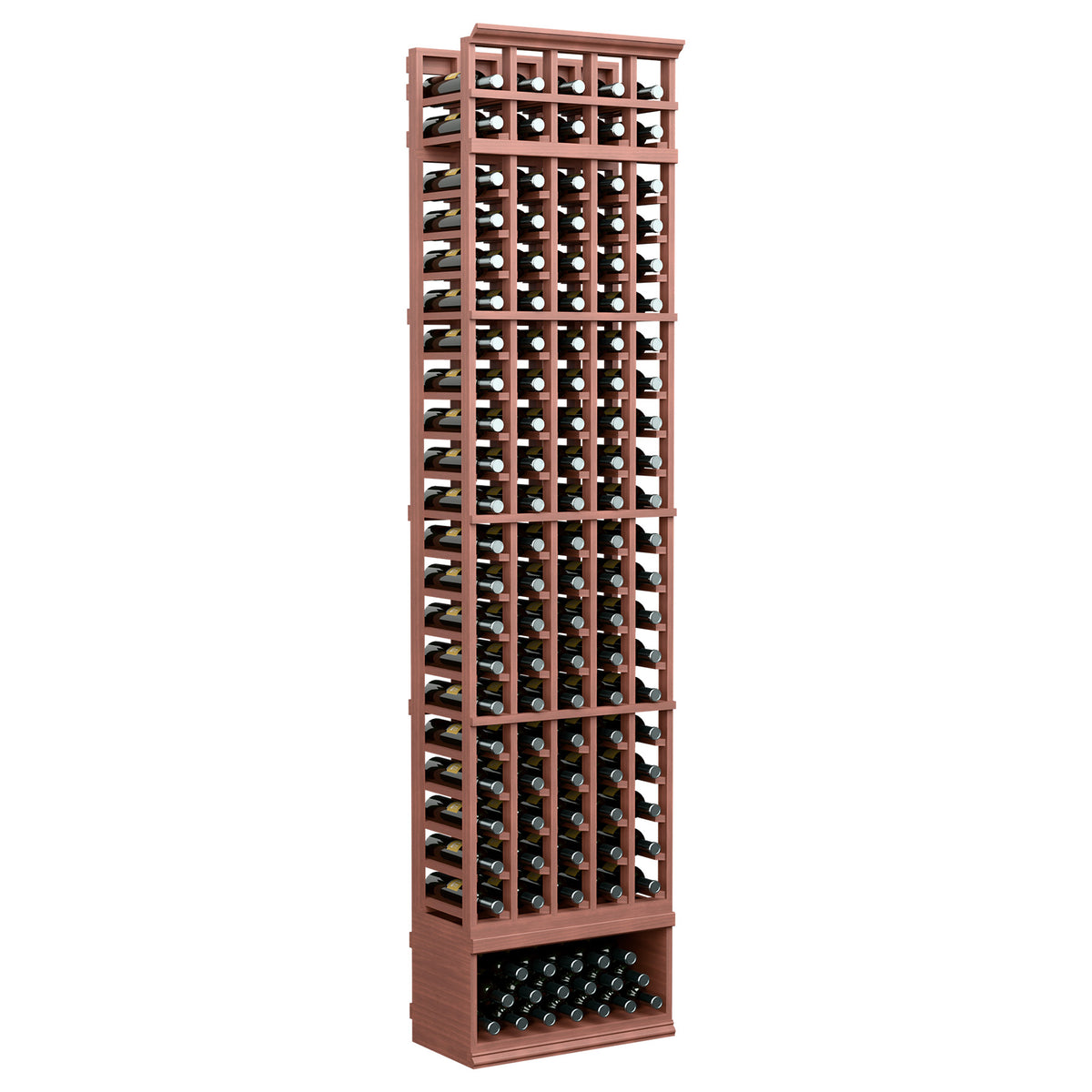 Wine bottle rack with reddish-brown frame and five columns of bottle slots, front view