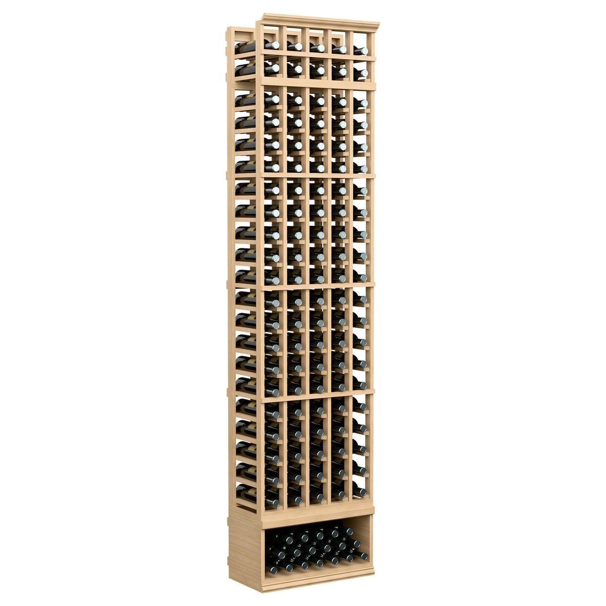 Wine bottle rack with light wood frame and five columns of bottle slots, front view