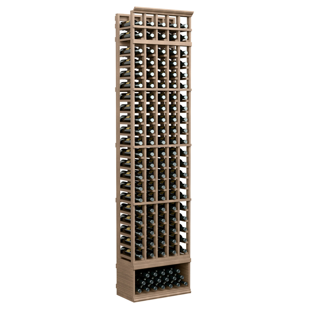Wine bottle rack with natural tan wood frame, five columns of bottle slots
