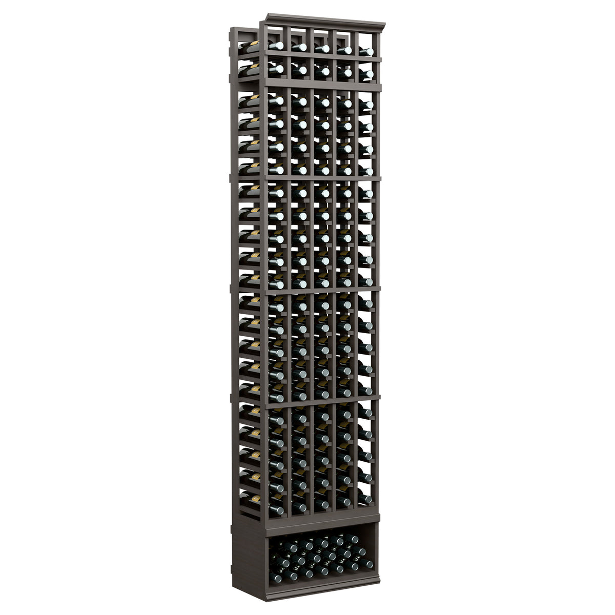 Wine bottle rack with dark charcoal frame, five columns of wine bottle slots