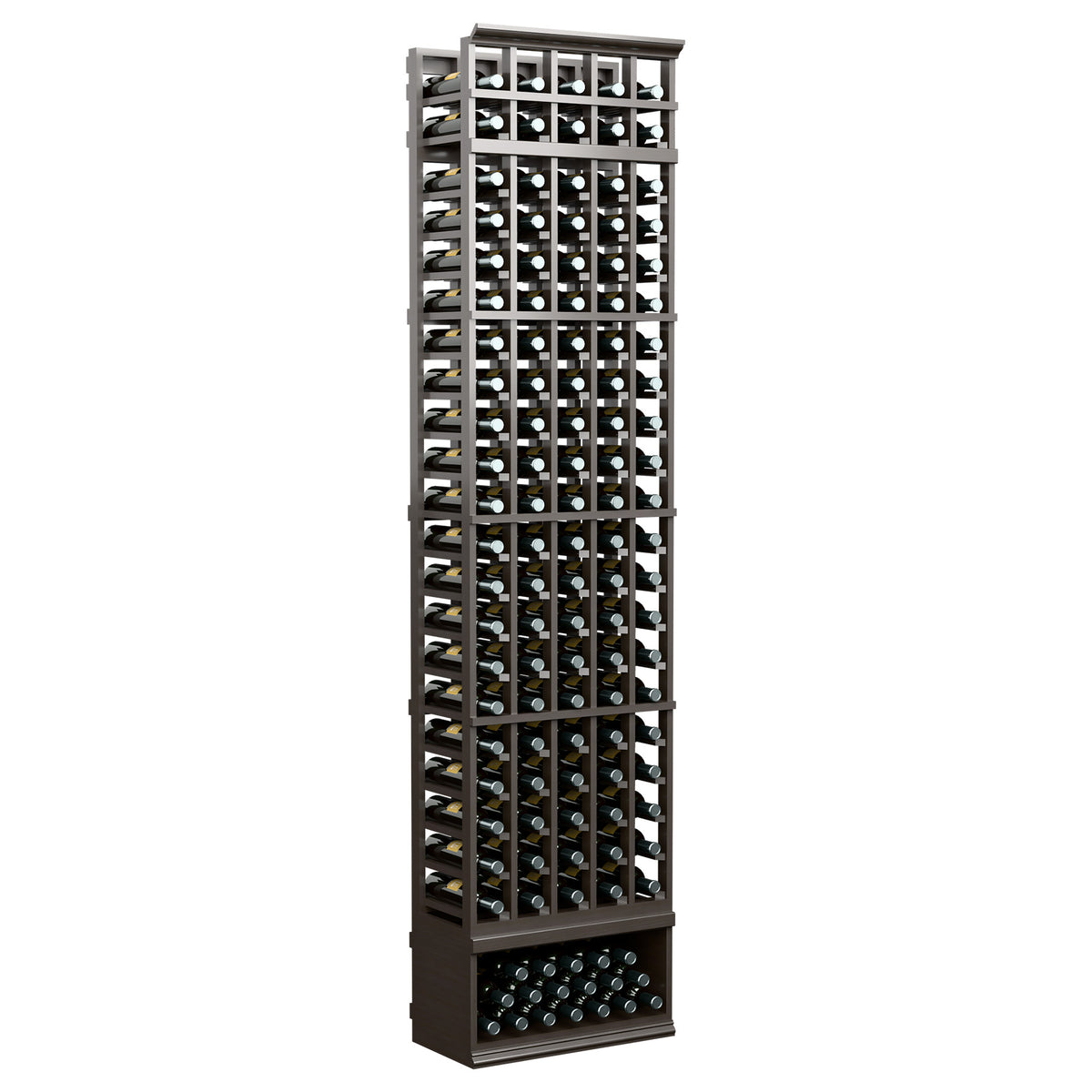 Wine bottle rack with dark gray-black finish, five-column grid holding wine bottles