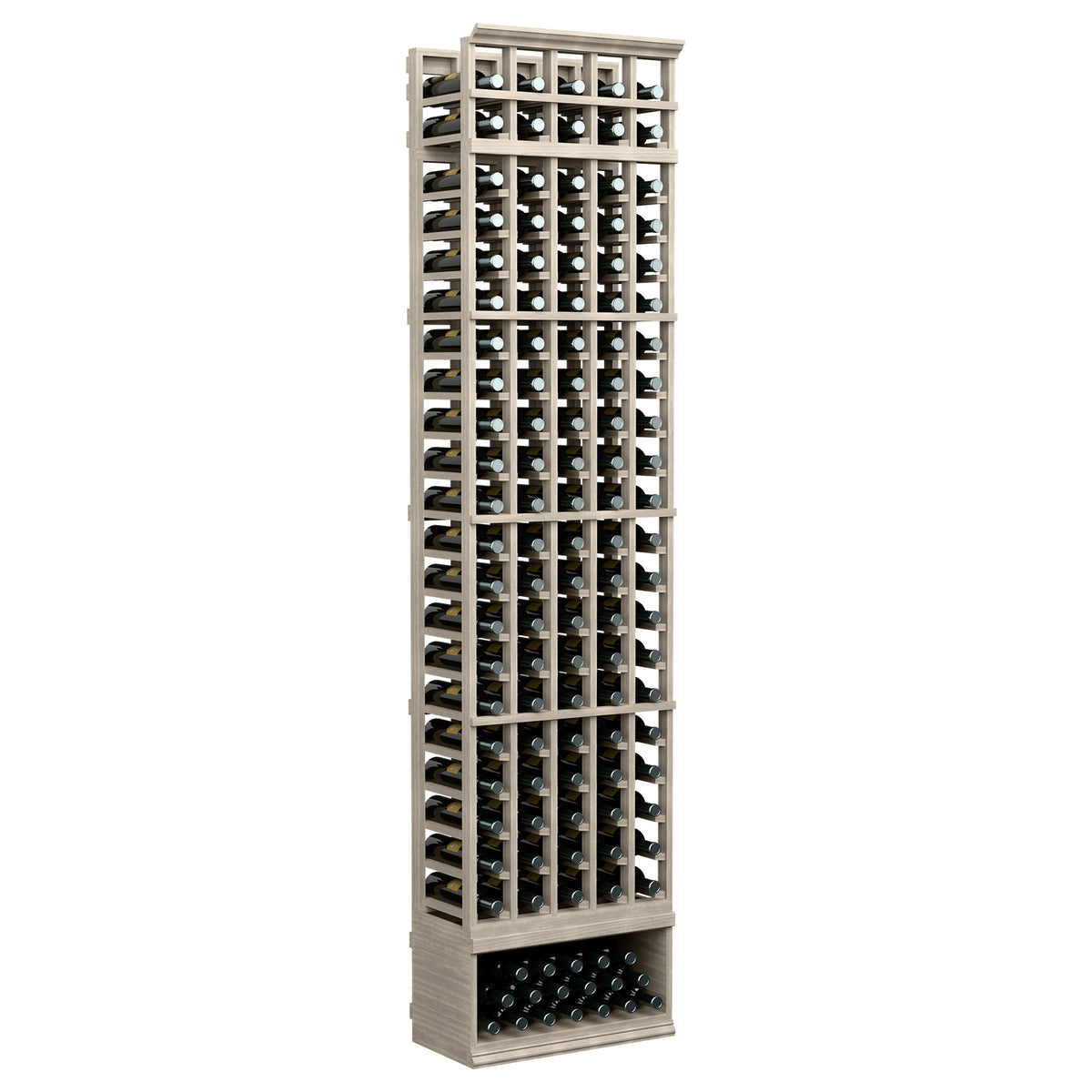 5-column wine bottle rack, dark stained wood, open grid slots and lower bottle tray