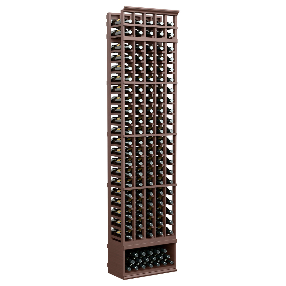 5-column wine bottle rack, rich brown stained wood, open grid slots and lower bottle tray