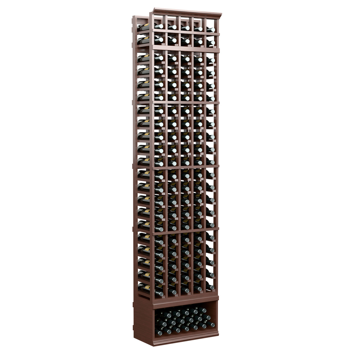 5-column wine bottle rack, rich brown stained wood with open bottle slots and base tray