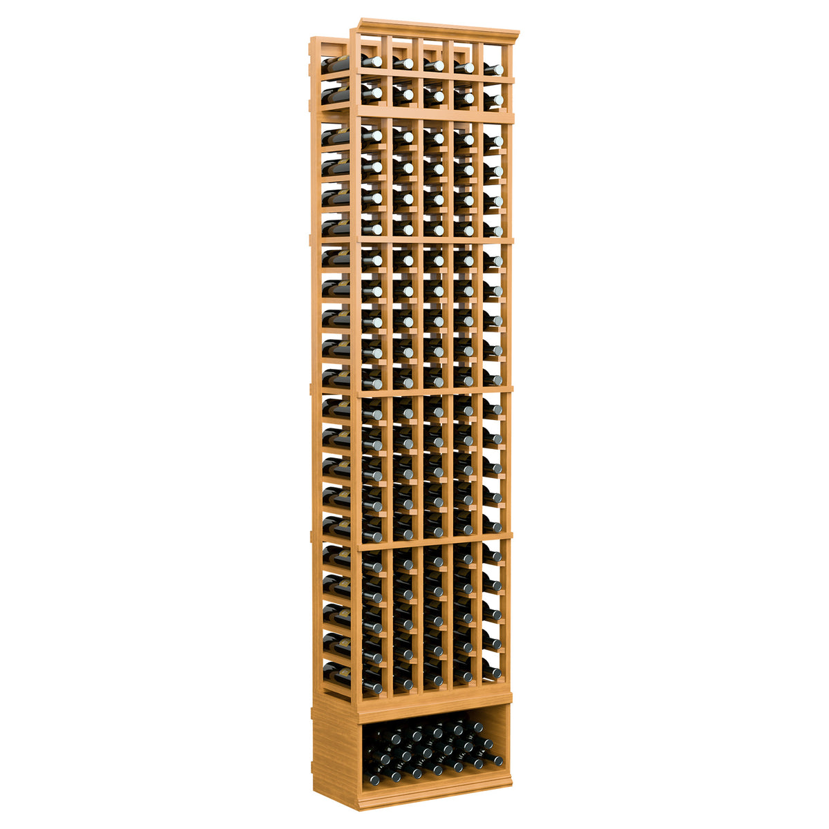 5-column wine bottle rack, light honey wood with open bottle slots and lower bottle tray