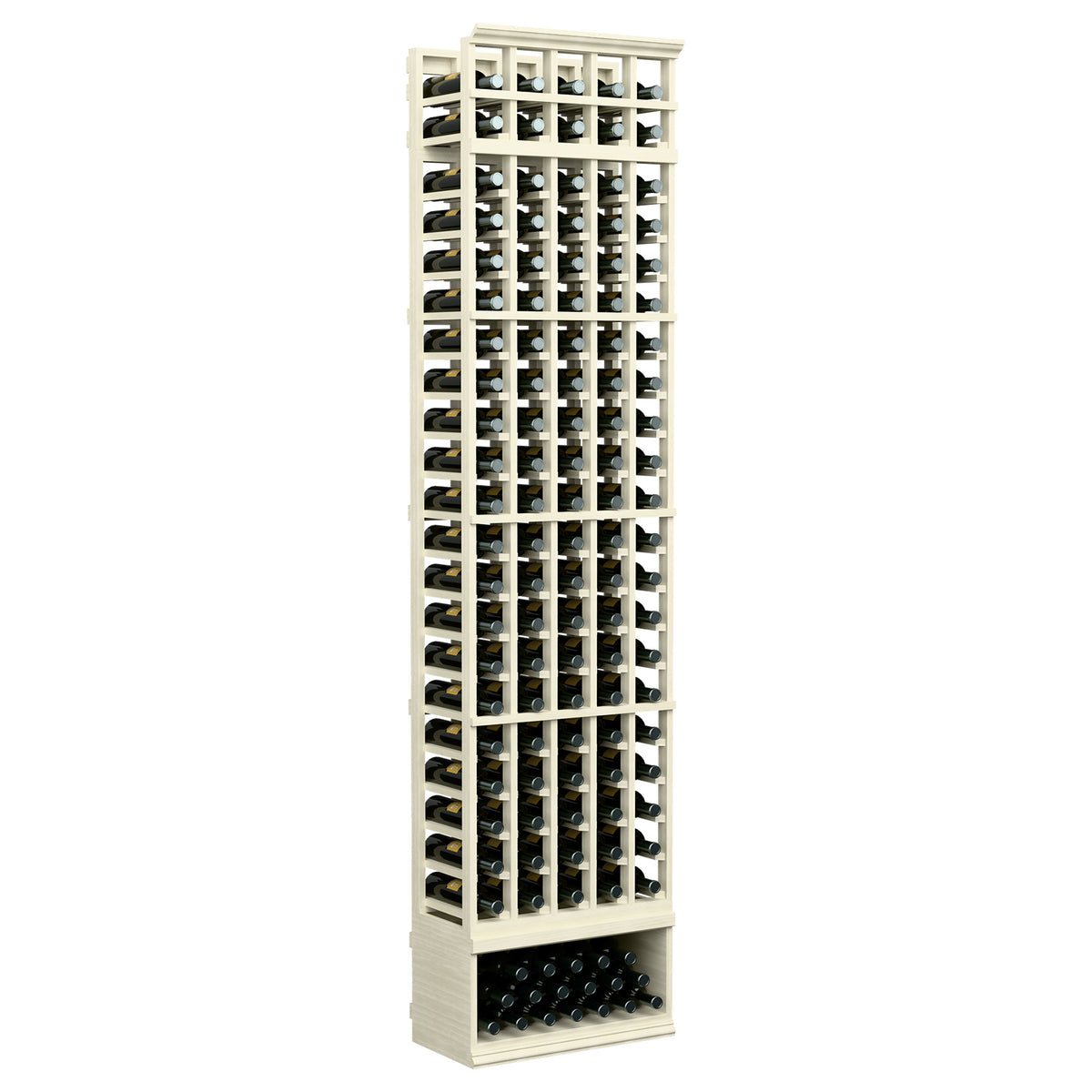 5-column wine bottle rack, whitewashed wood, open grid slots and bottom bottle tray
