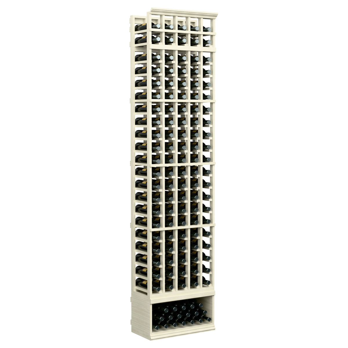 5-column wine bottle rack, whitewashed wood with open bottle slots and base tray