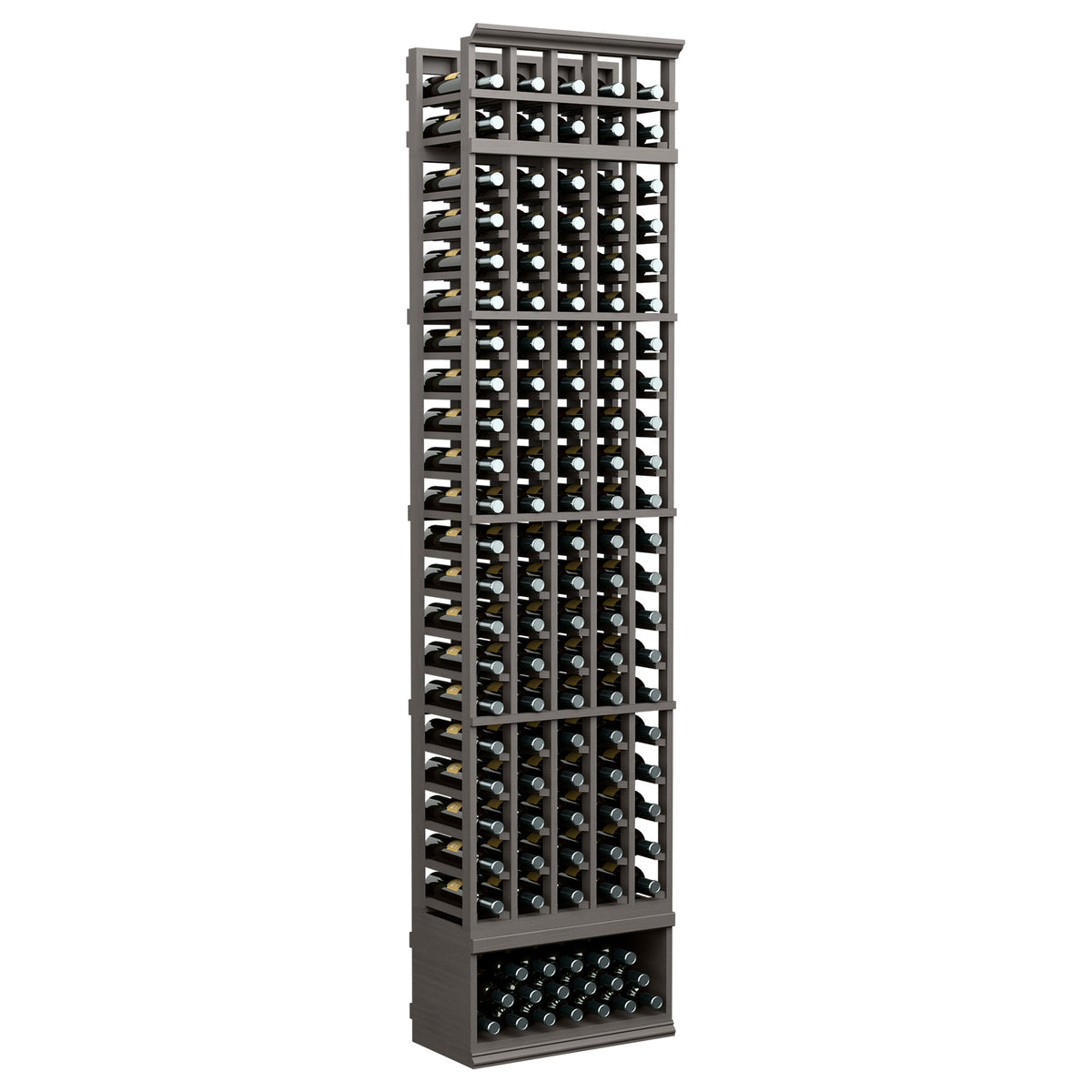 Tall black wine bottle rack with five columns and multiple bottle slots