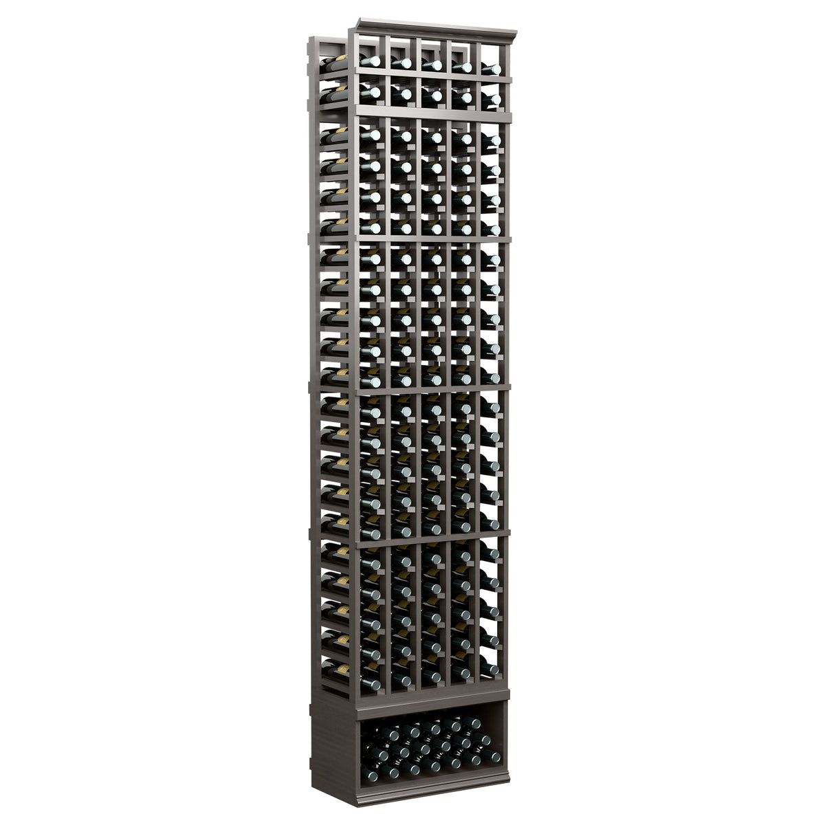 Tall black wine bottle rack with five columns and bottle storage rows