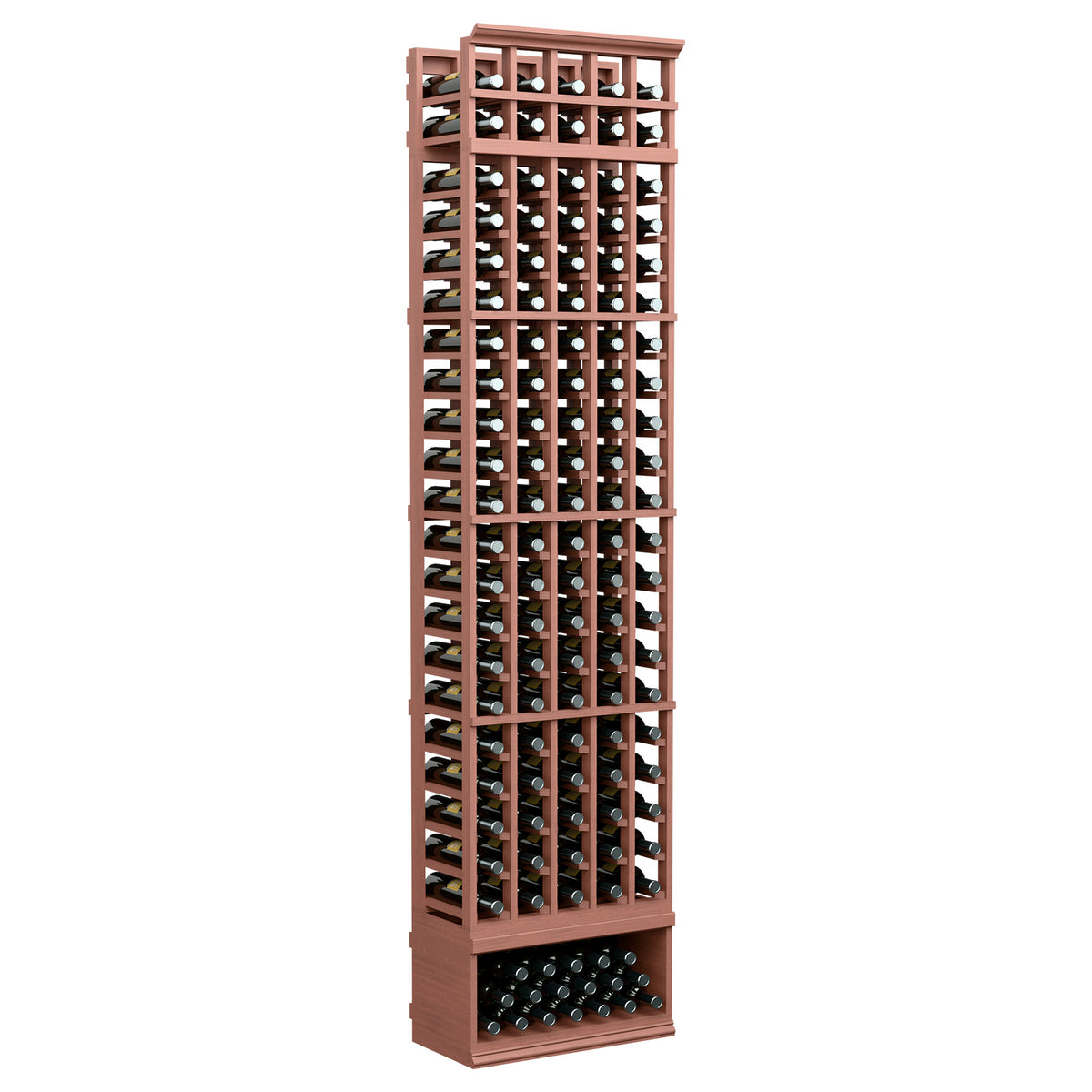 Tall reddish-brown wine bottle rack with five columns and bottle slots