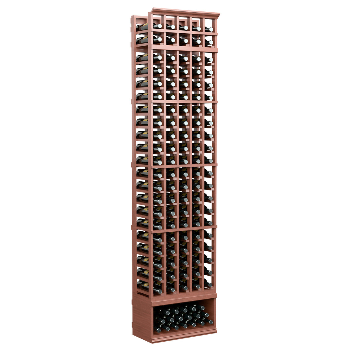 Tall reddish-brown wine bottle rack with five columns and front bottle grid
