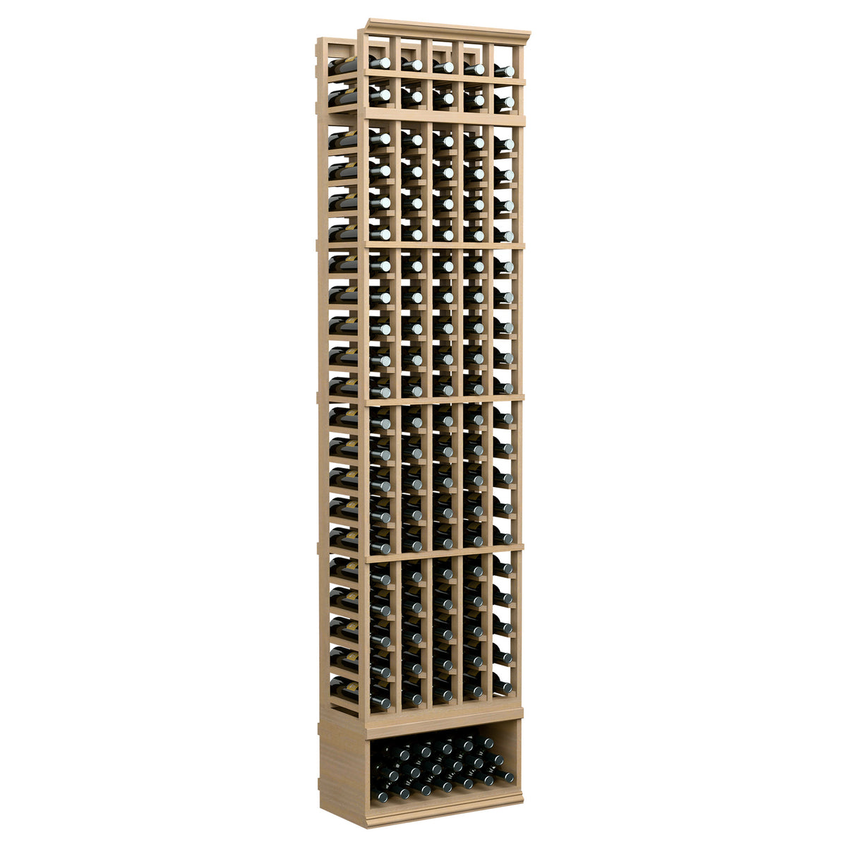 Tall light wood wine bottle rack with five columns and bottle storage