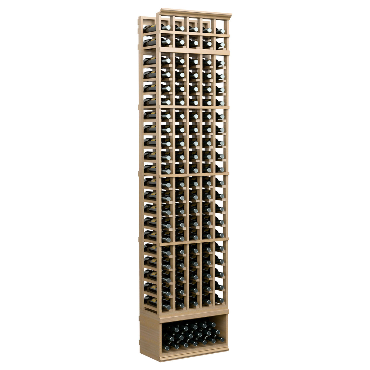 Tall light wood wine bottle rack with five columns and multiple bottle compartments