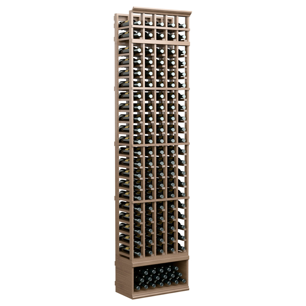 Tall light wood wine bottle rack with five columns and neatly spaced bottle holes