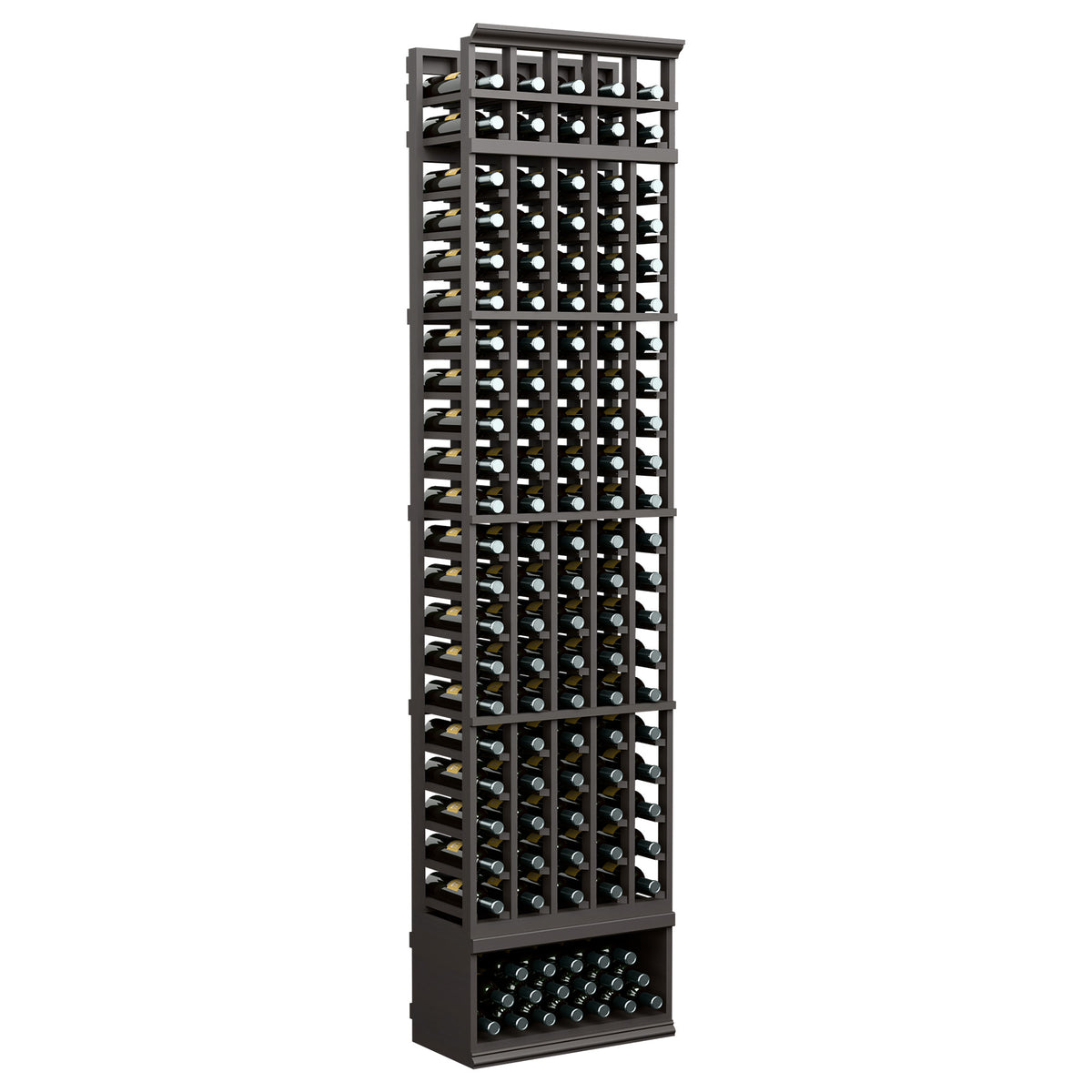 Tall black wine bottle rack with five columns and filled bottle slots