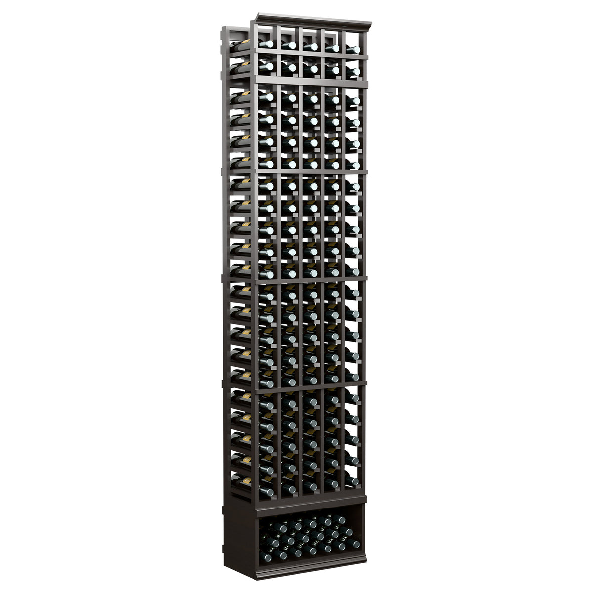 Tall black wine bottle rack with five columns and front bottle storage grid