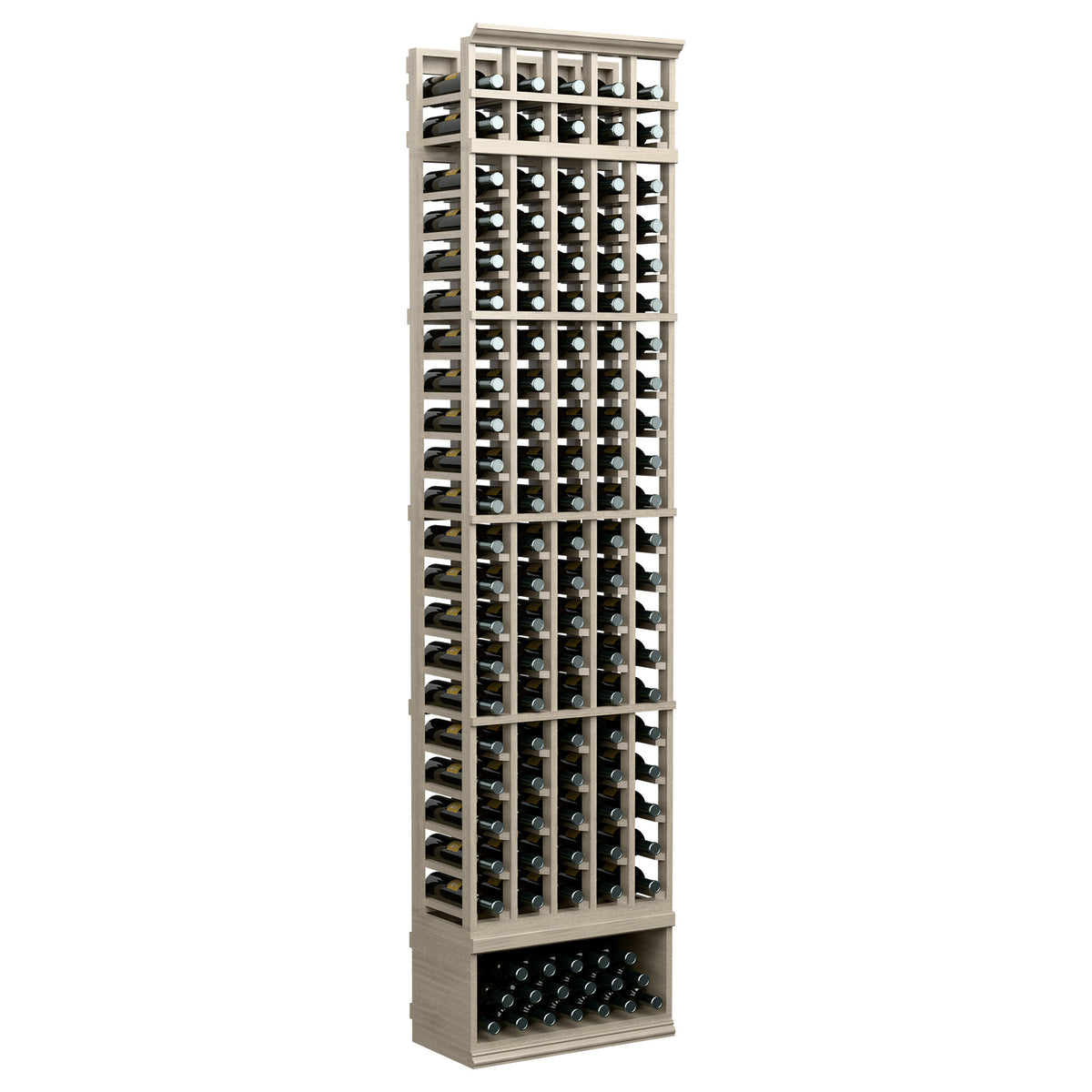 5-column 8 ft wine bottle storage rack with dark wooden frame, bottle rows visible