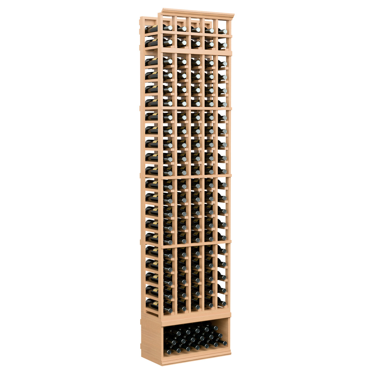 5-column 8 ft wine bottle storage rack with light wooden frame and lower bottle holder