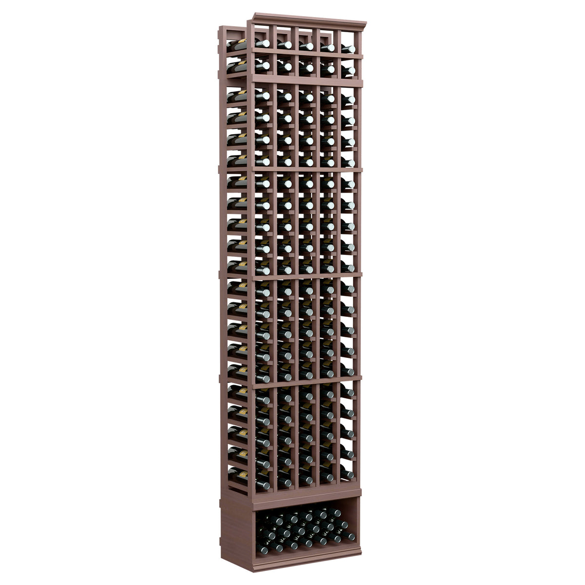 5-column 8 ft wine bottle storage rack with medium-dark wooden frame and bottle rows