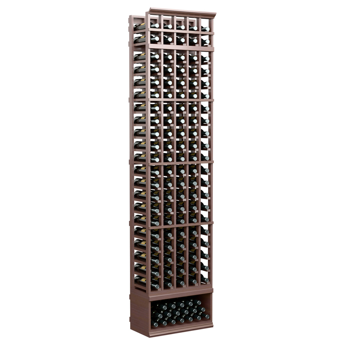 5-column 8 ft wine bottle storage rack with medium-dark wooden frame and front slots