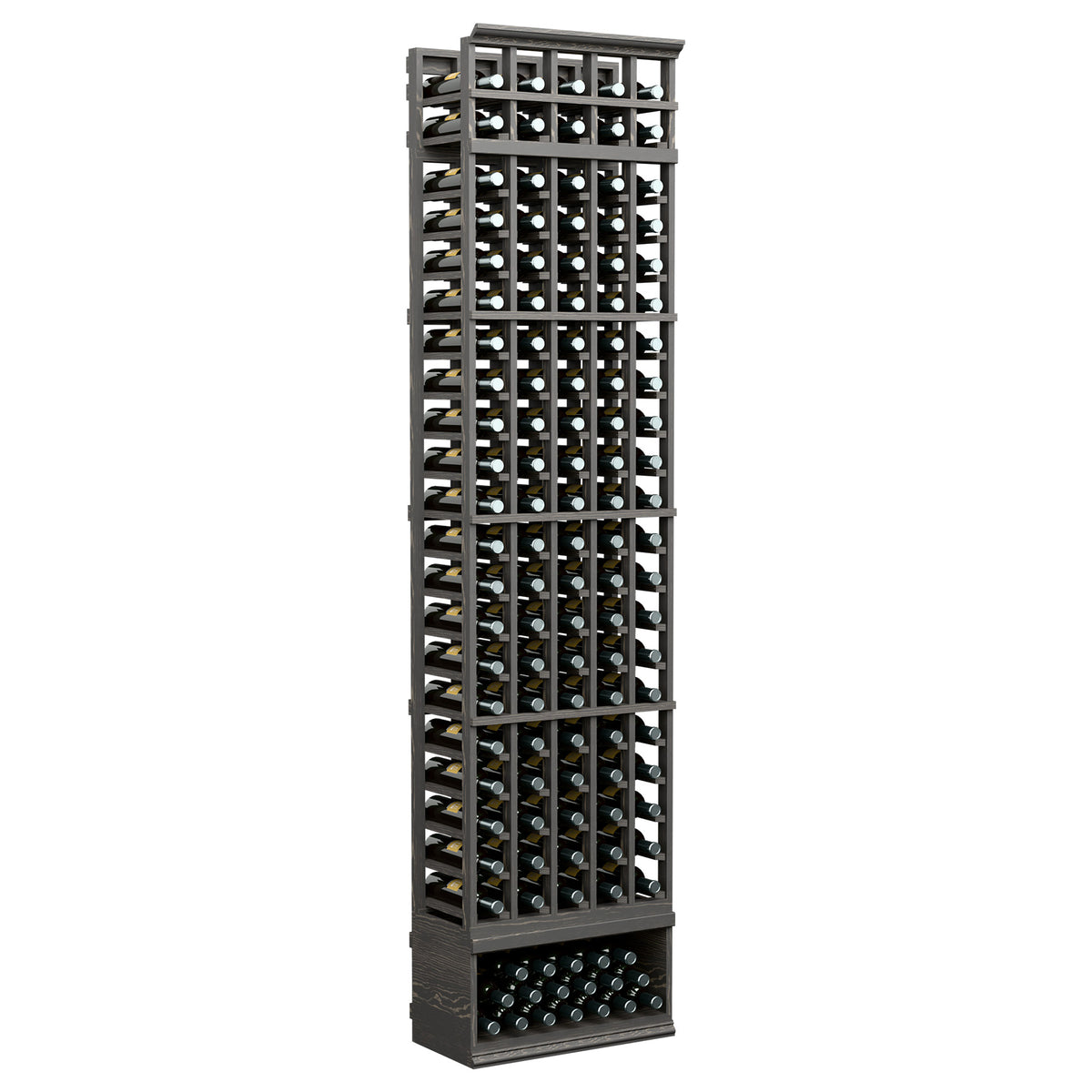 Black 5-column wine bottle rack, 8-ft tall, wooden base with bottle openings.
