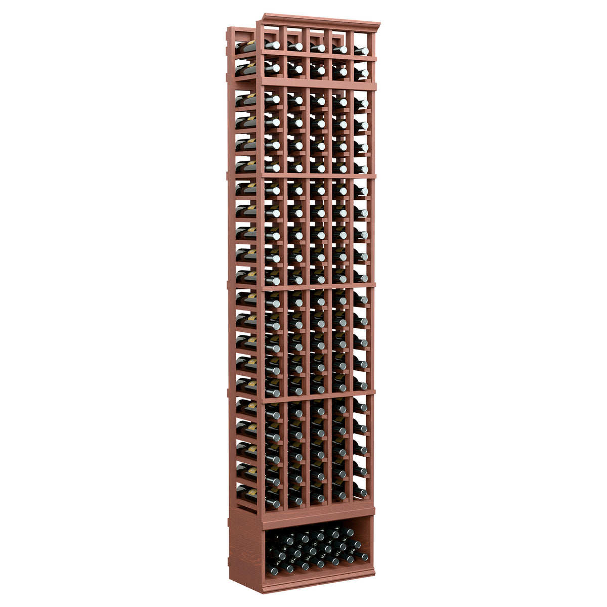 Brown/red-toned 5-column wine bottle rack, 8-ft tall, bottle slots with dark base.
