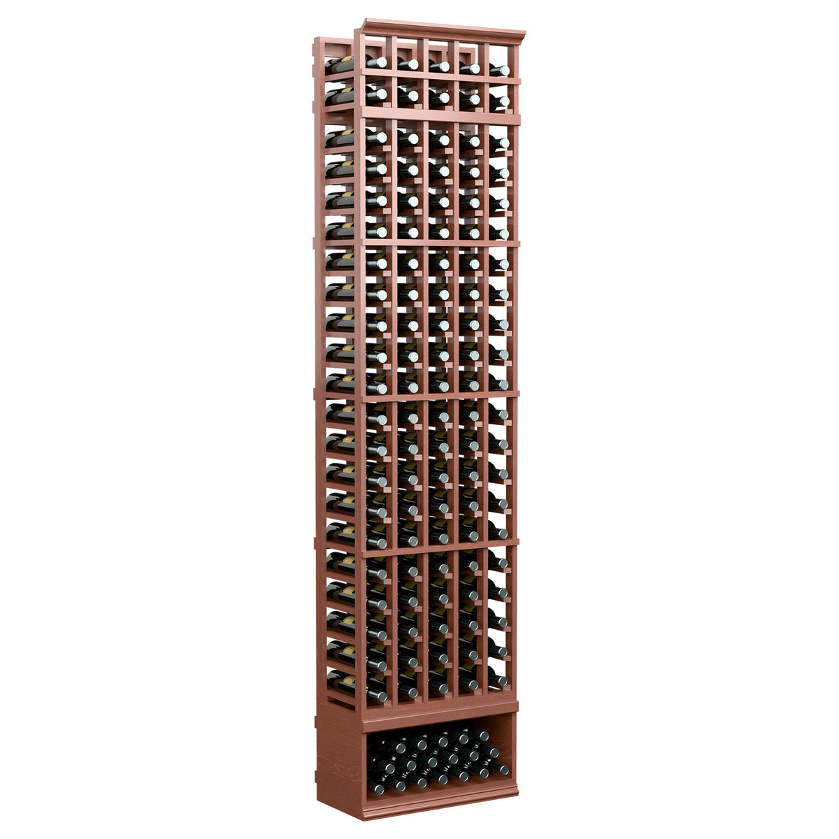 Brown/red-toned 5-column wine bottle rack, 8-ft tall, front grid of bottle openings.