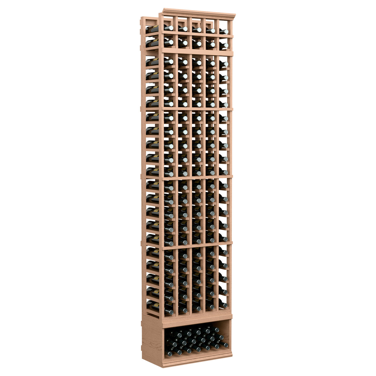 Light wood 5-column wine bottle rack, 8-ft tall, front bottle-slot grid and base.