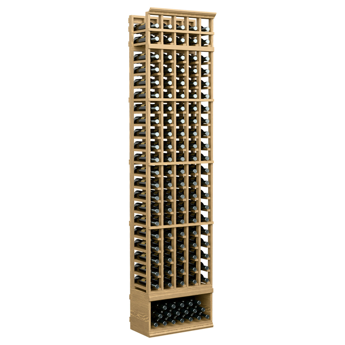 Natural light 5-column wine bottle rack, 8-ft tall, wooden frame with bottle holes.