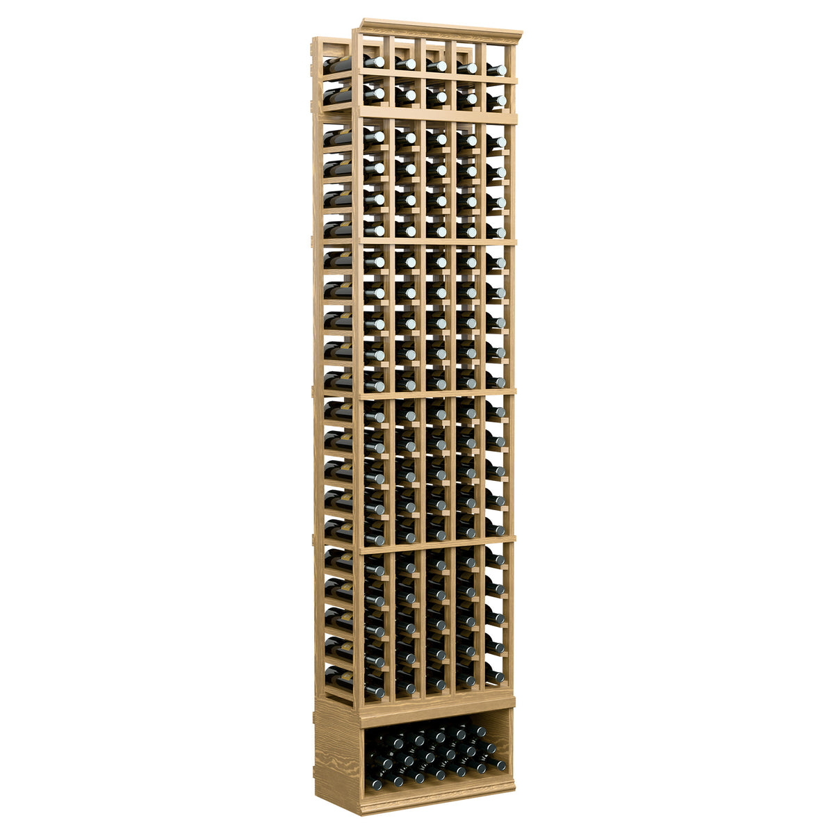 Natural light 5-column wine bottle rack, 8-ft tall, bottom row of bottle openings.