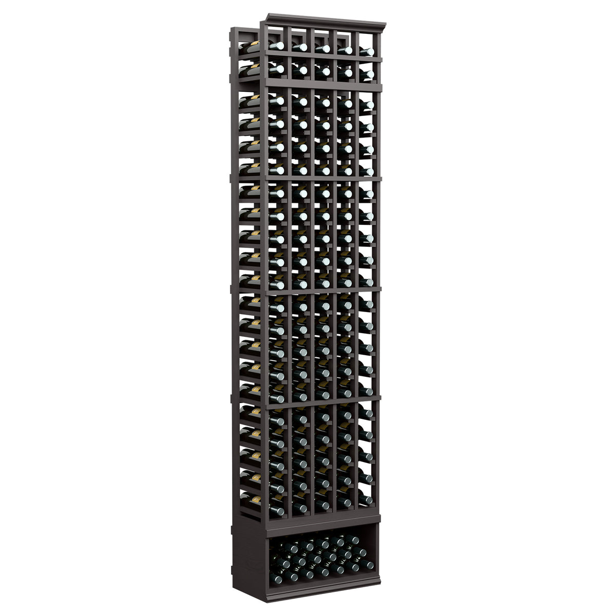 Dark gray 5-column wine bottle rack, 8-ft tall, front bottle-slot grid with base.