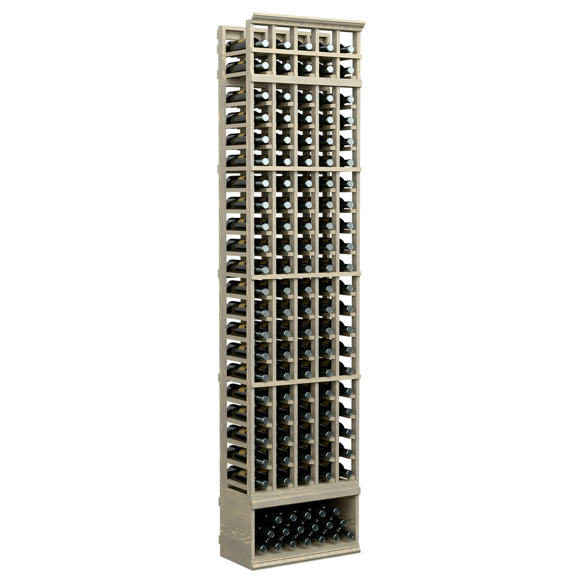 5-column wine bottle display rack with light wood frame and grid of bottles