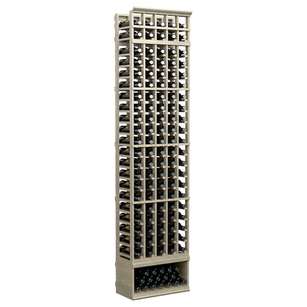 Tall 5-column wine bottle rack with light wood frame and front bottle rows