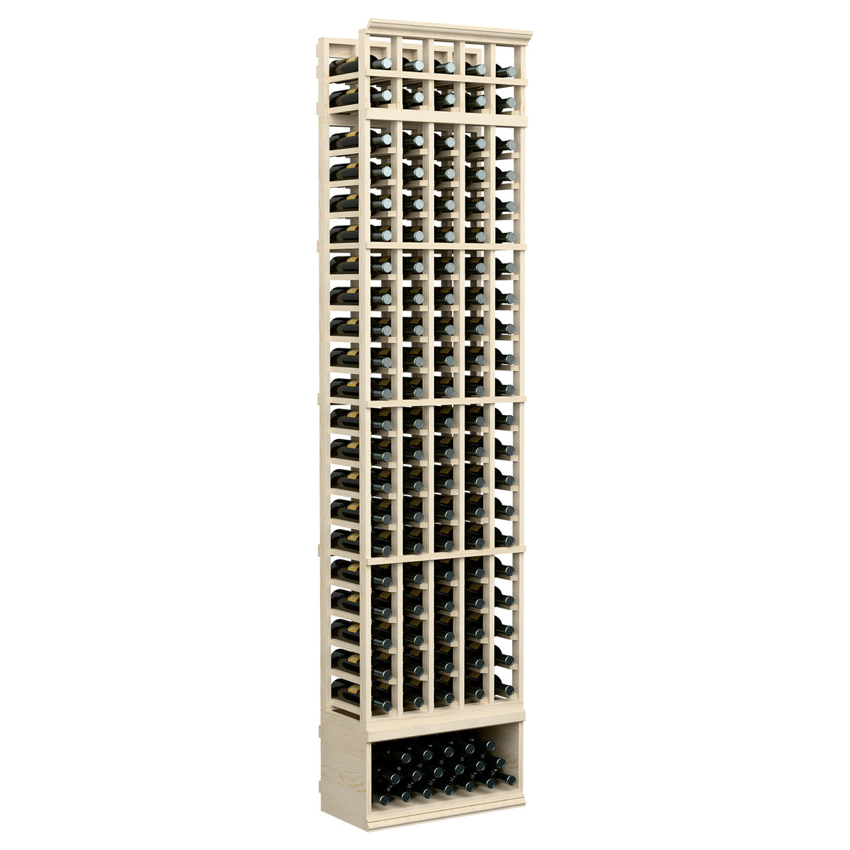 5-column wine bottle display rack showing top grid and light wood posts