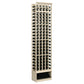 Front view of a 5-column wine bottle rack with light wood frame and bottles