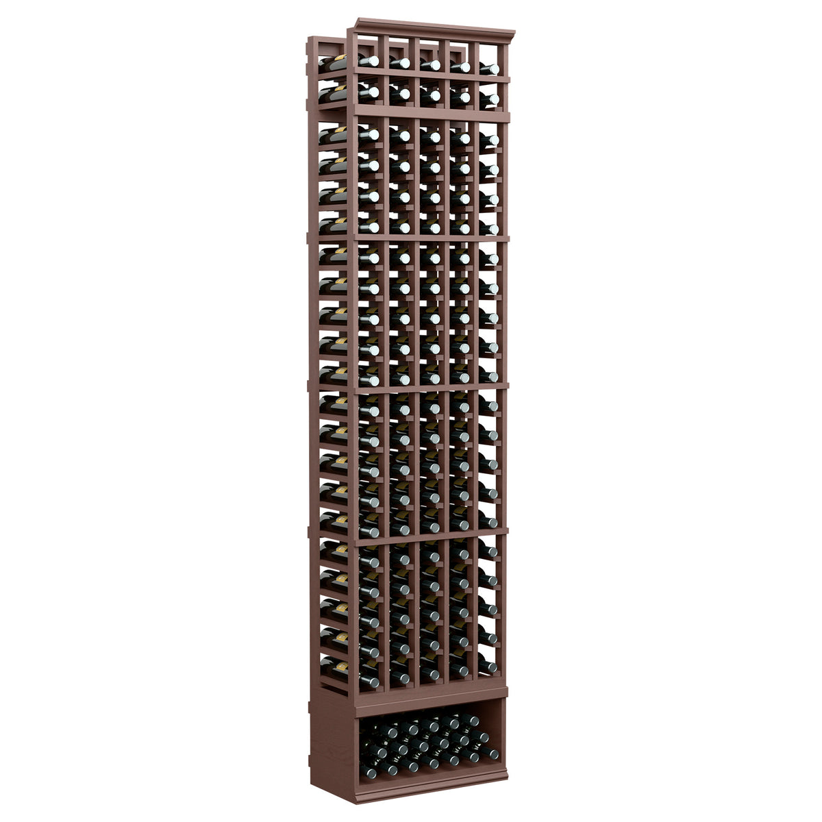 5-column wine bottle display rack with dark brown frame and bottle grid