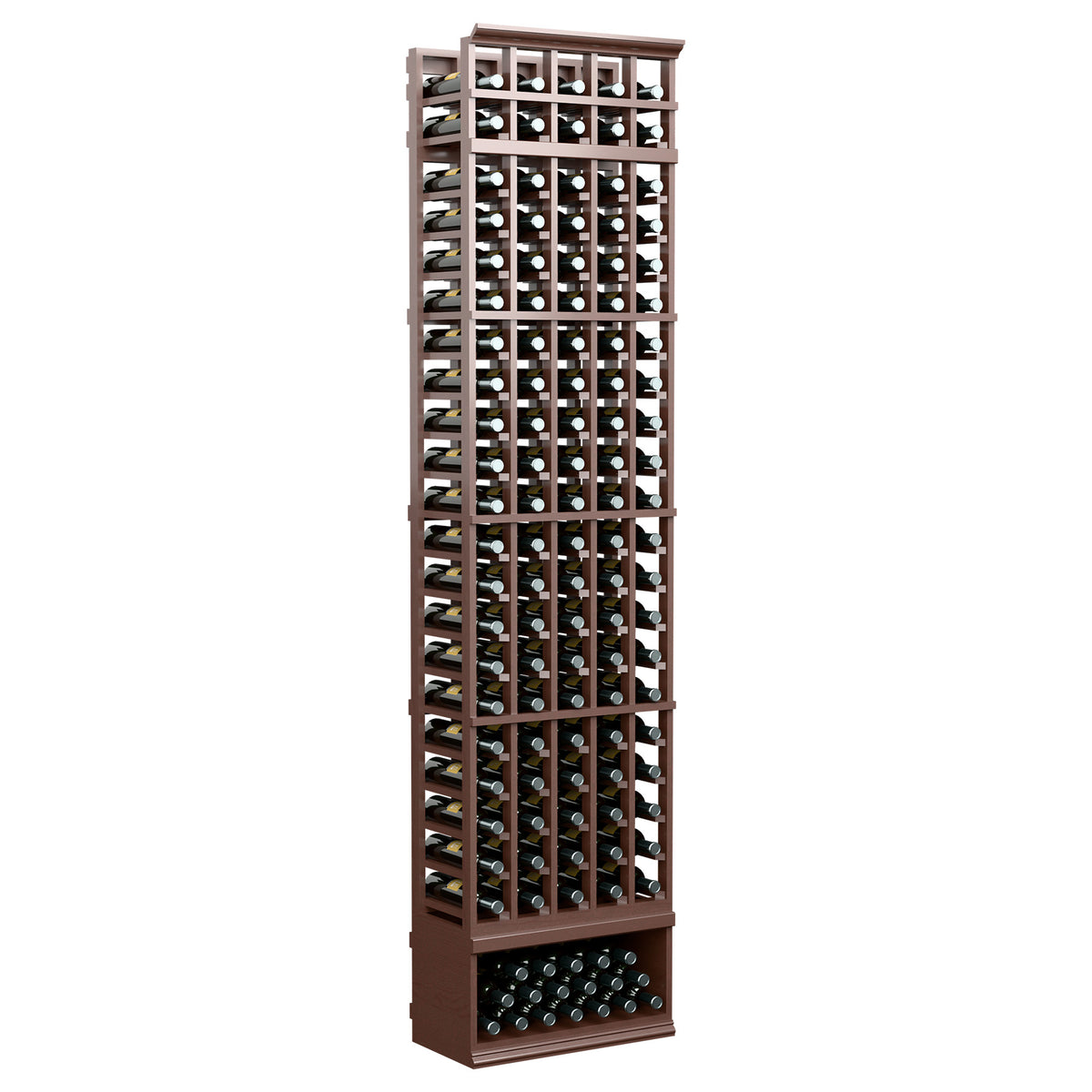 Tall 5-column wine bottle rack with dark wood frame and front bottle rows