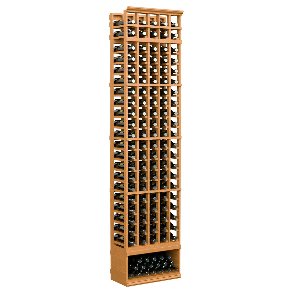 5-column wine bottle display rack with warm light wood frame and bottle grid