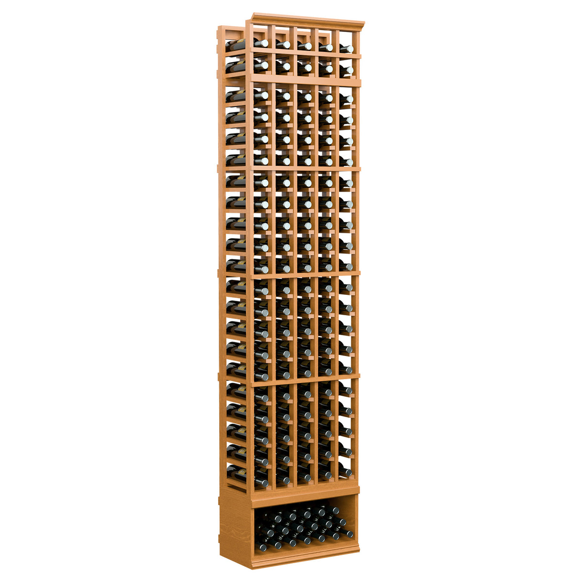 Front-facing 5-column wine bottle rack with warm wood frame and bottles