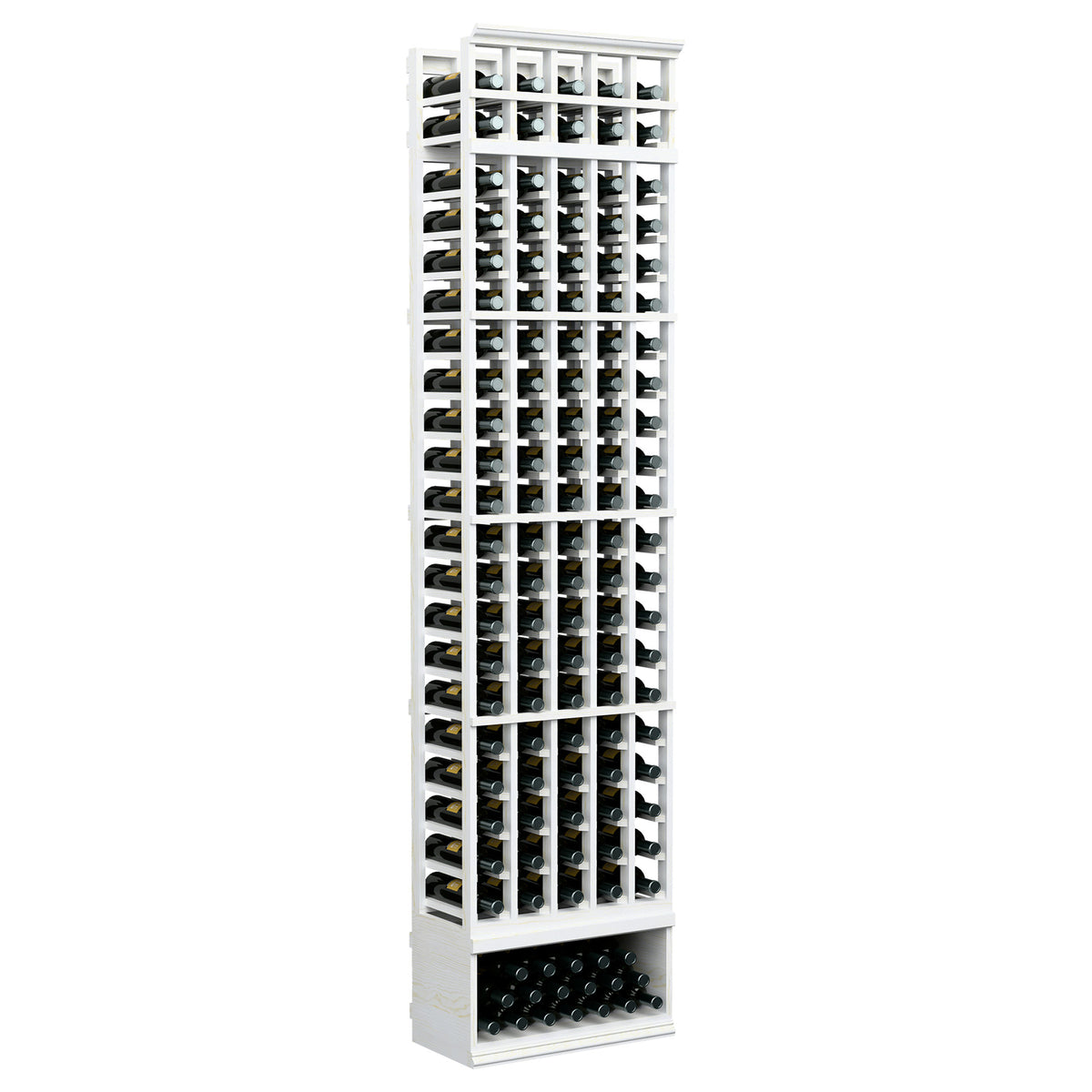 5-column wine bottle display rack with white frame and bottle-filled grid