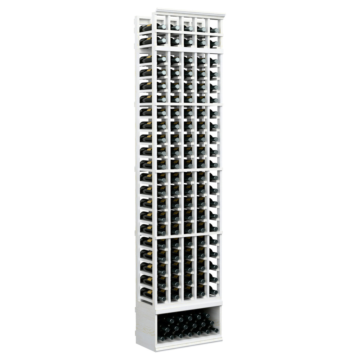 Tall 5-column wine bottle rack with white wood frame and multiple bottle rows