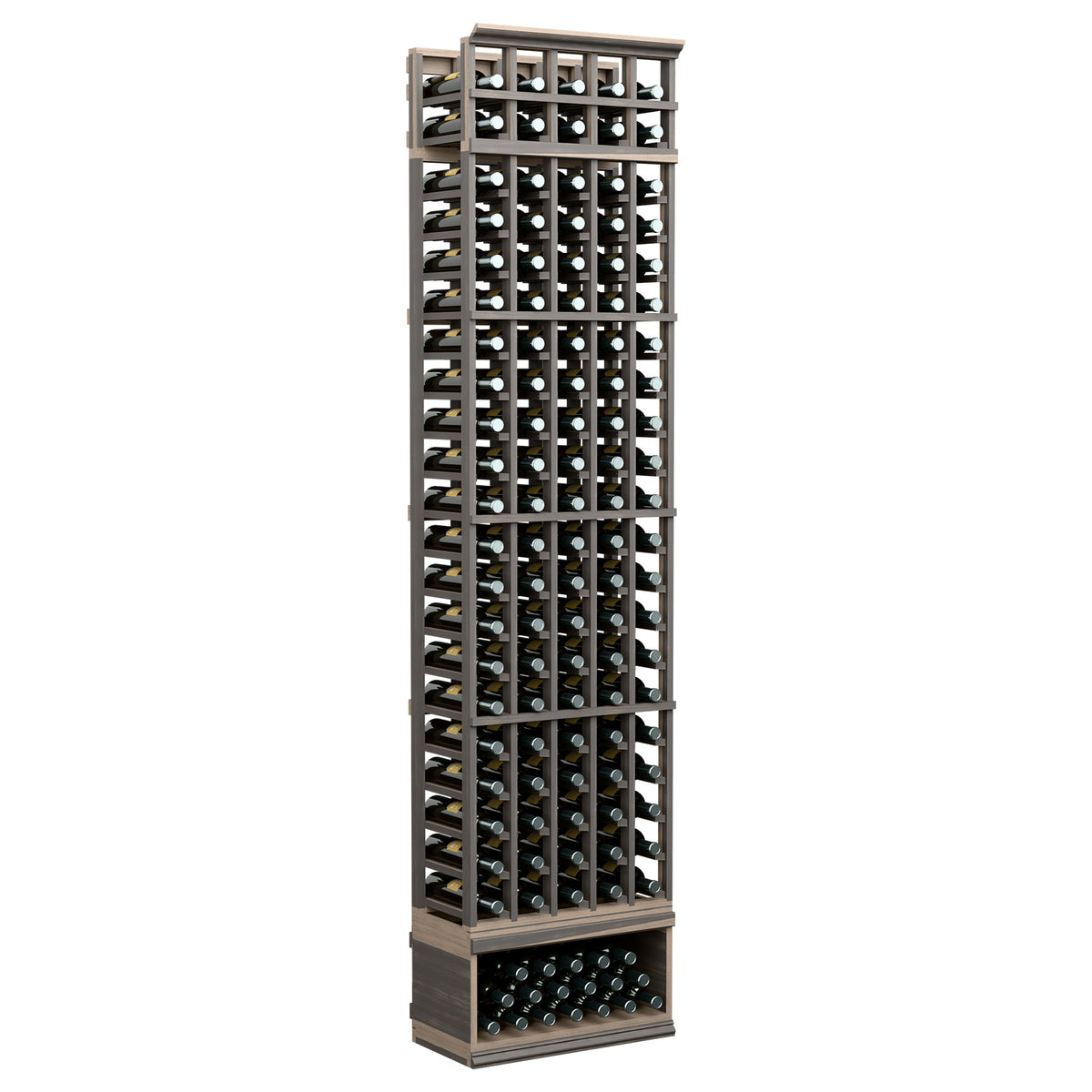 5-column wine bottle rack, dark wood frame with black bottle slots, front view