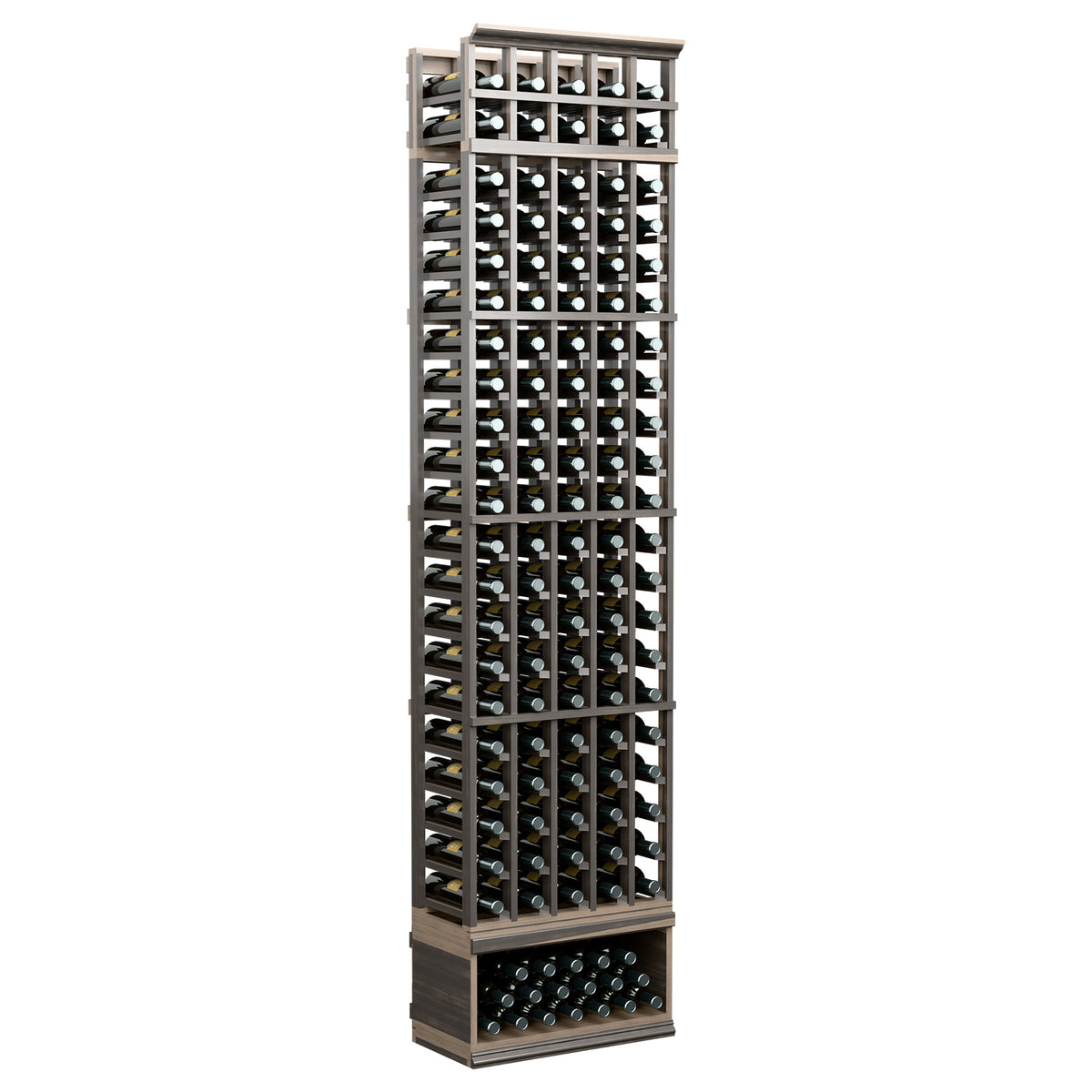 5-column wine bottle rack, dark wood, black bottle slots with full bottle display
