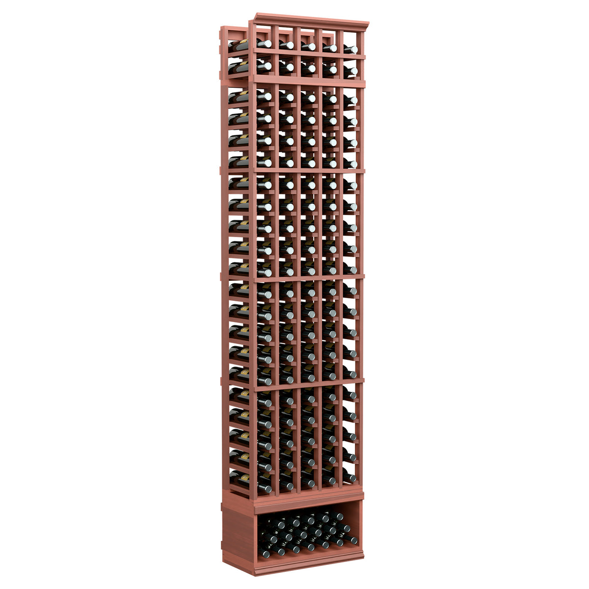 5-column wine bottle rack, red wood frame with black bottle slots, fully loaded