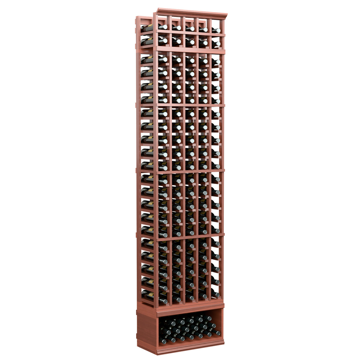 5-column wine bottle rack, reddish brown wood frame with black bottle slots, front view