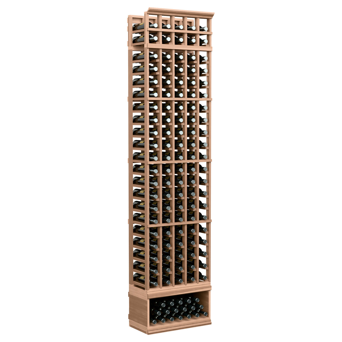 5-column wine bottle rack, light wood frame with black bottle slots, bottle-filled view