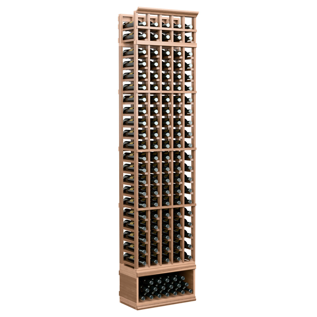 5-column wine bottle rack, light wood frame with black bottle slots, base shelf visible