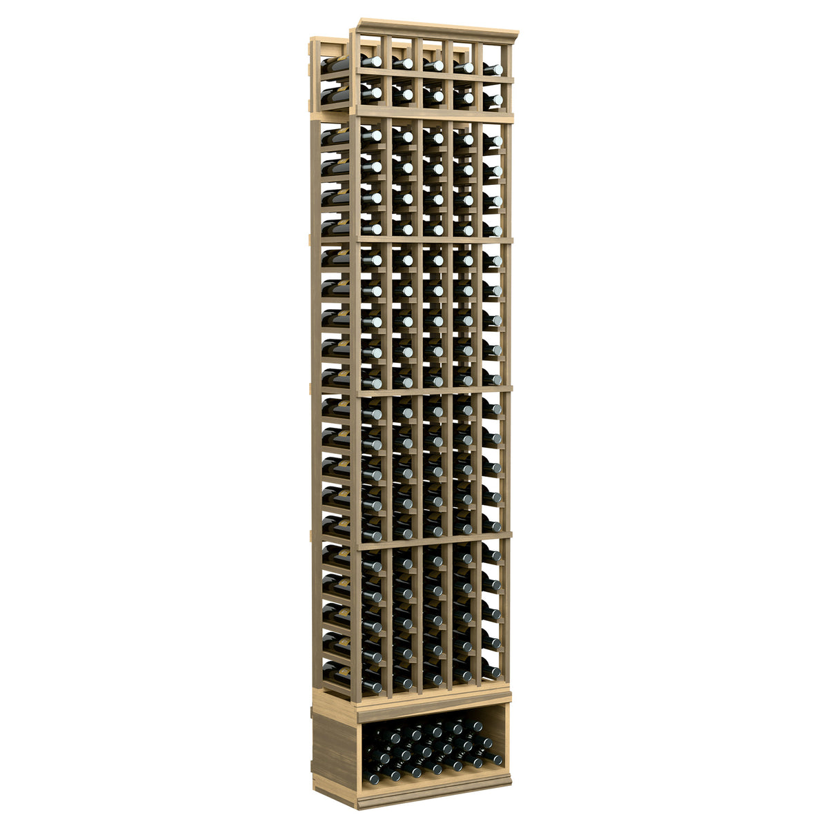 5-column wine bottle rack, pale wood frame with black bottle slots, bottle-filled