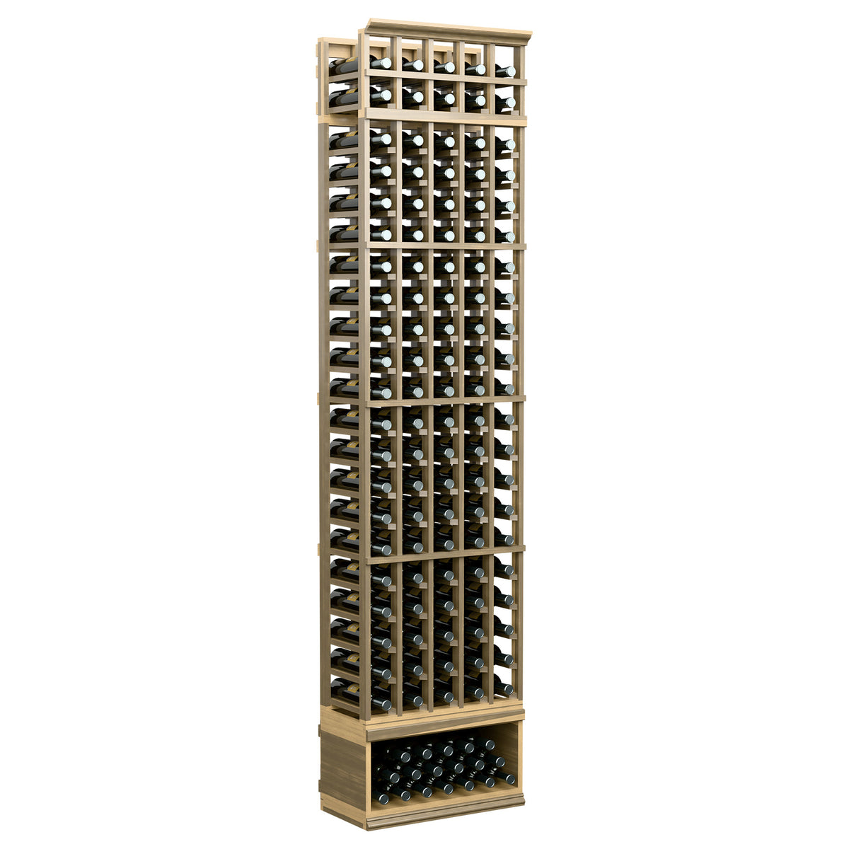 5-column wine bottle rack, light tan wood frame, black bottle slots and top grid